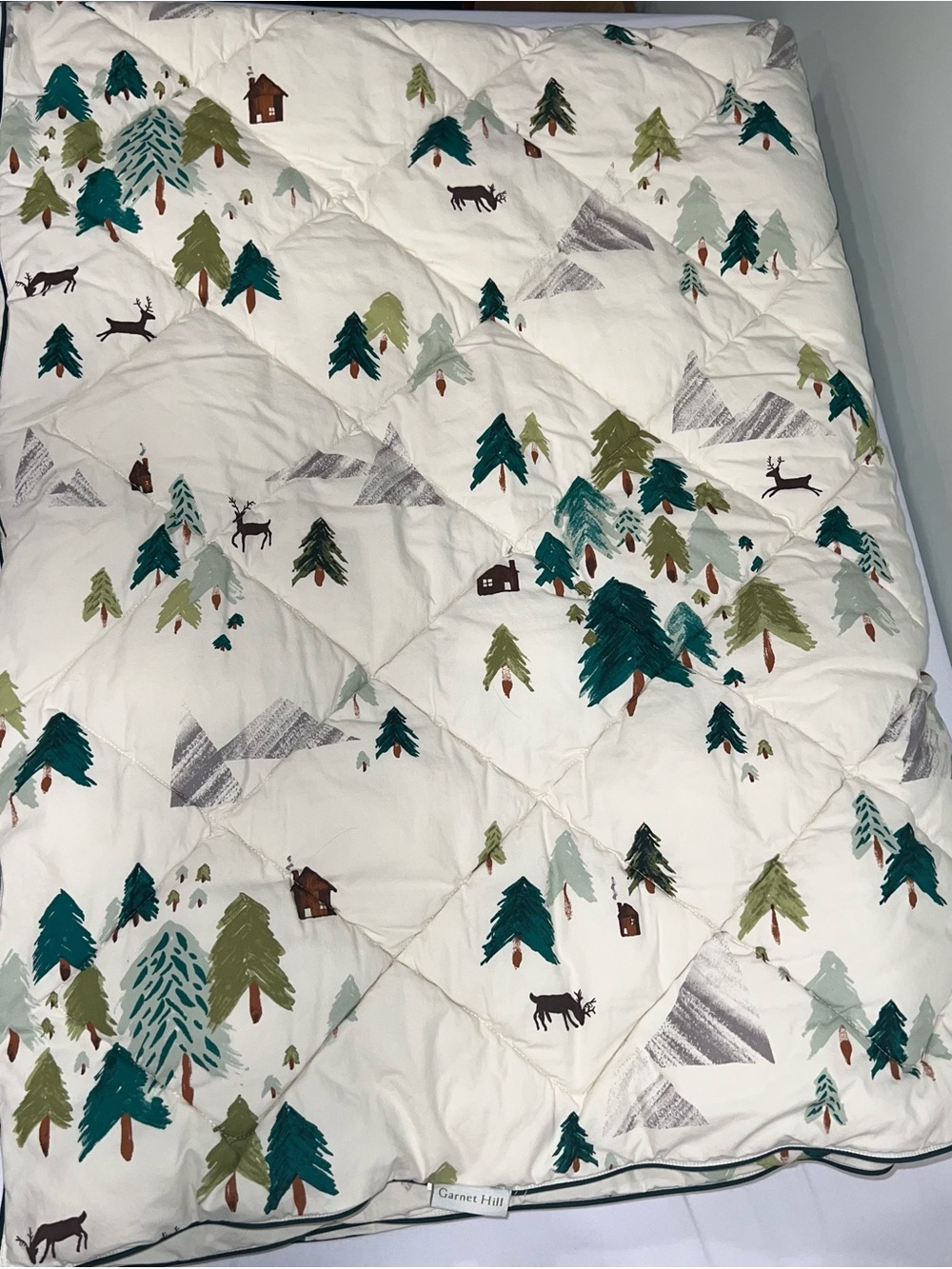 Garnet Hill White Core-Loft Throw with Green Forest Motif